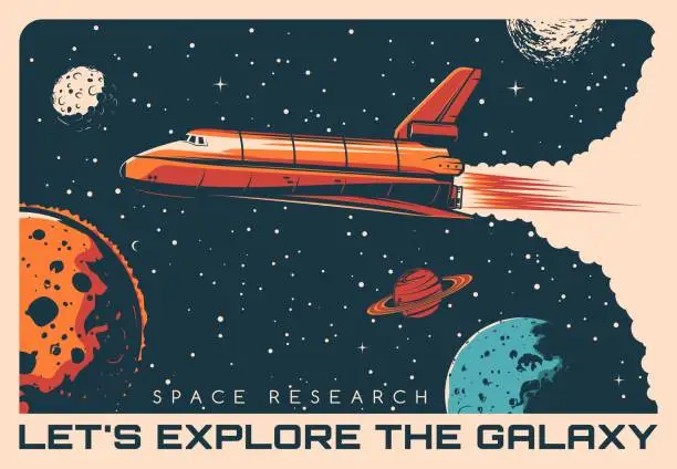 Vector illustration of Space exploration, shuttle rocketship retro poster