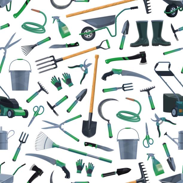 Garden and farm tools seamless pattern background Garden and farm tools vector seamless pattern. Agriculture equipment background with rake, shovel, fork and wheelbarrow, spade, trowel, bucket and watering hose, pitchfork, axe, pruners and boots trowel gardening shovel gardening equipment stock illustrations