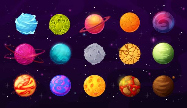 Fantasy space planets surfaces cartoon vector set Fantasy space planets, stars and asteroids cartoon vector set. Alien worlds, planets with craters, cracks and lava on surface, orbital rings vector. User GUI, UI graphic interfaces and game elements space invaders game stock illustrations