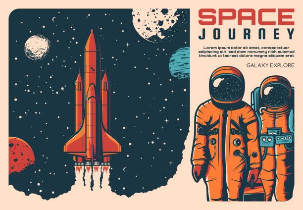 Space and astronauts rocket, galaxy exploration journey, vector retro vintage poster. Spaceman flight to planets, moon and mars explore mission in shuttle spaceship, cosmonauts on spacesuits