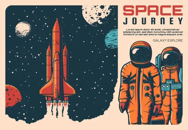 Vector illustration of Astronauts and spaceship. Galaxy explore journey