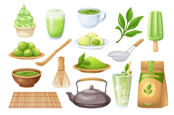 matcha tea ceremony ikony zestaw - flour sifter stock illustrations