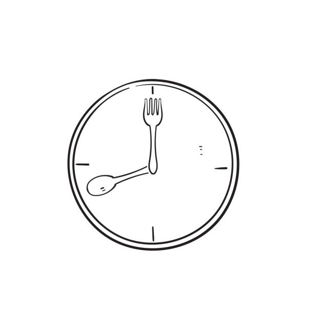 ilustrações, clipart, desenhos animados e ícones de colher de rabisco desenhado à mão e garfo com símbolo de relógio para ícone de ilustração hora da refeição - lunch clock healthy eating plate