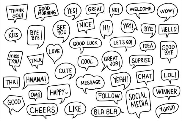 Hand Drawn Speech Bubbles with Common Usage Message Words. Editable Stroke Vector Illustration Hand Drawn Speech Bubbles with Common Usage Message Words. Editable Stroke Vector Illustration usage stock illustrations