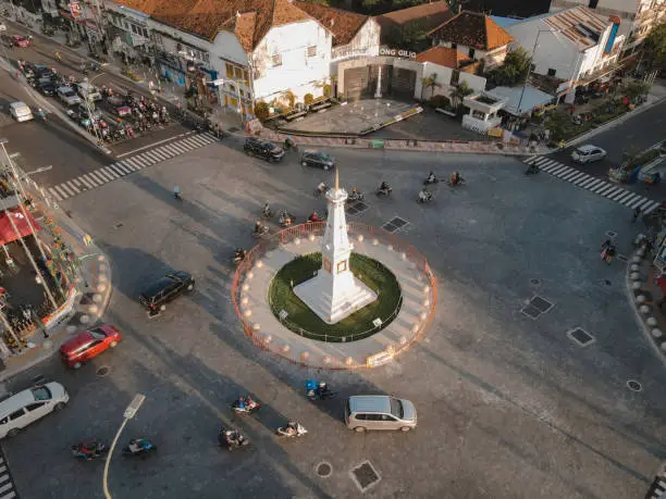 Aerial view of Tugu Jogja or Yogyakarta Monument, Indonesia. Yogyakarta, Indonesia - April, 2021