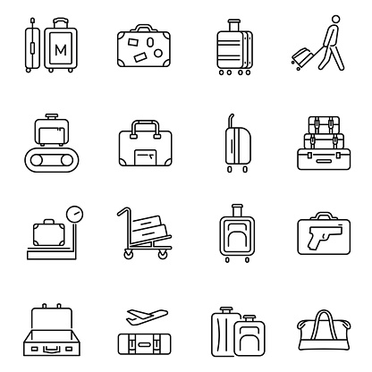 Collection of linear luggage icon vector illustration. Set of monochrome case, handbag, suitcase, briefcase, trolley, travel bag isolated on white. Outline simple business or tourism accessories