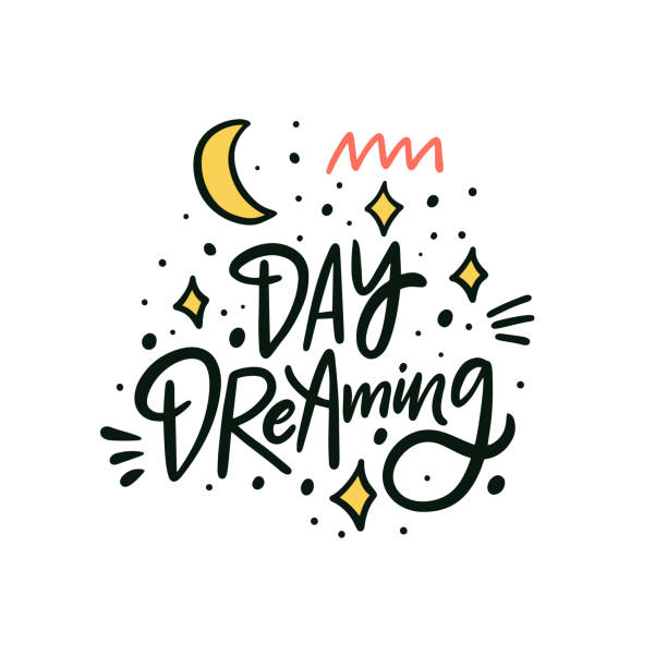 ilustraciones, imágenes clip art, dibujos animados e iconos de stock de día soñando con la mano dibujado frase de letras coloridas. caligrafía escandinava moderna. - day dreaming illustrations