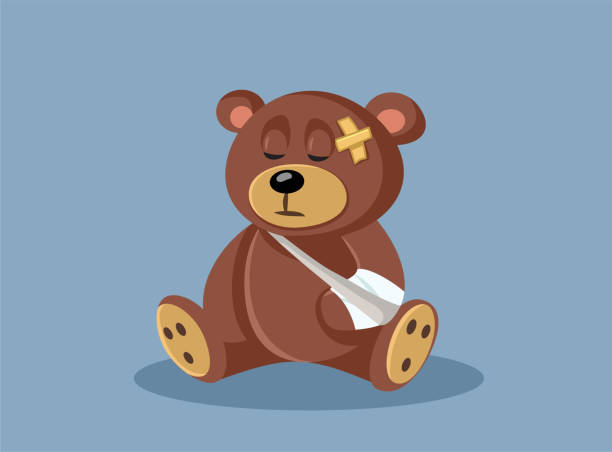 illustrazioni stock, clip art, cartoni animati e icone di tendenza di ferisce orsacchiotto con una benda e un braccio rotto - wrong injury