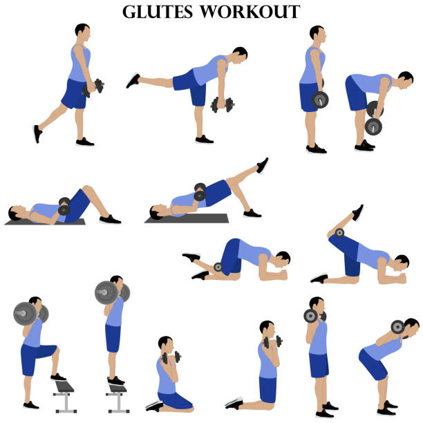 workout mann set. glutes workout-illustration. männlich tun fitness-übungen illustration - glutes stock-grafiken, -clipart, -cartoons und -symbole