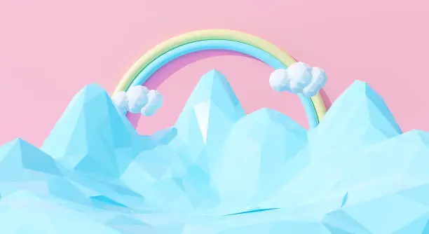 Photo of Abstract 3d cute rainbow sky cartoon landscape background scene. Sweet world candy cloud on pink pastel and blue mountains. Dream creative ideas minimal winter design. 3d render for pattern abstract.