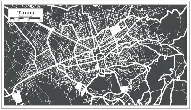 Vector illustration of Tirana Albania City Map in Black and White Color in Retro Style. Outline Map.