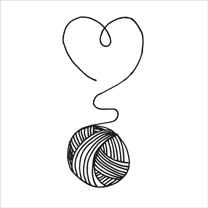 vector drawing in the style of doodle. a ball of wool and a heart. symbol of knitting, crocheting, hobby, needlework. simple, minimalistic symbol
