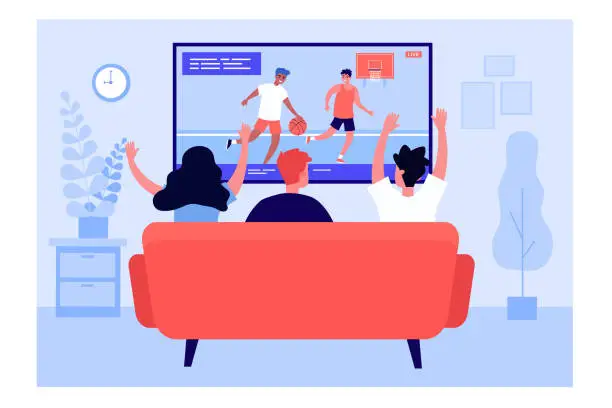 Vector illustration of Back view of friends watching basketball on TV