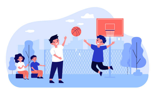 ilustrações de stock, clip art, desenhos animados e ícones de happy children playing basketball outdoors - descida dos cestos