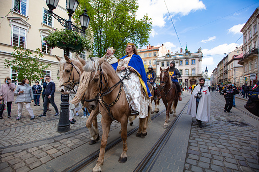 Lviv, Ukraine - May 6, 2021: Celebration of Lviv City Day 2021. City procession in the central part of the city