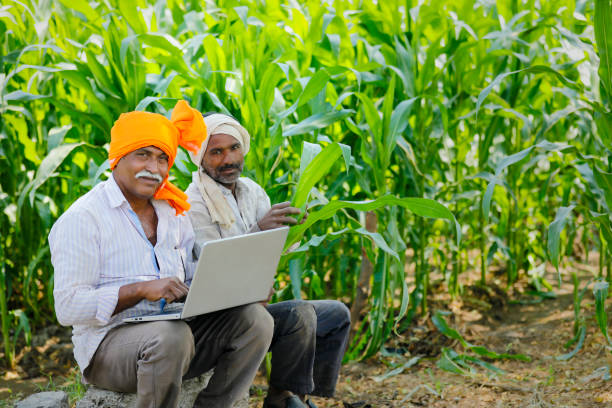 istock young indian farmer using laptop at field 1316735173