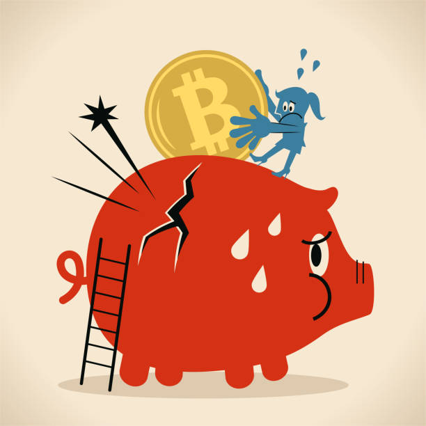 One Woman putting a Bitcoin Cryptocurrency into a piggy bank and finding it is breaking Blue Cartoon Characters Design Vector Art Illustration.
One Woman putting a Bitcoin Cryptocurrency into a piggy bank and finding it is breaking. broken money box stock illustrations