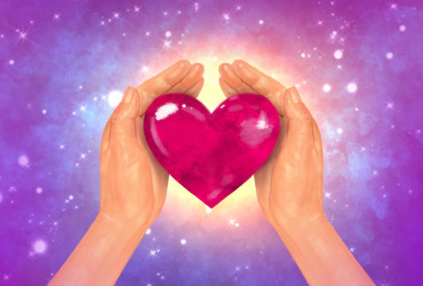 istock Bright multicolor illustration. Hands hug hold a red heart on a background of starry space. Love, hope, help and charity. 1316736280