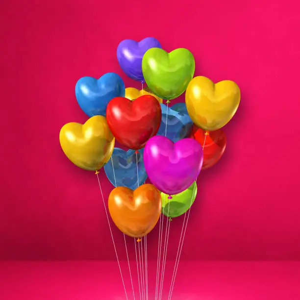 Colorful heart shape balloons bunch on a pink wall background. 3D illustration render