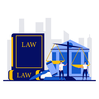 istock Law and justice concept with tiny character. Human rights flat vector illustration. Weights and lawyer hammer symbol. Legal service, social protection and punishment system balance metaphor. 1316740578