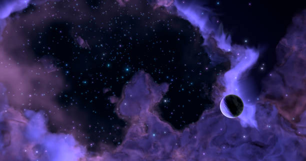 istock 3D rendering. A huge glowing nebula with young stars and a lonely planet. Space background. 1316740644