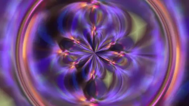 Photo of Metallic neon purple blue teal pink pattern in the center of the ring. Rotating mandala flower. Beautiful psychedelic abstract background