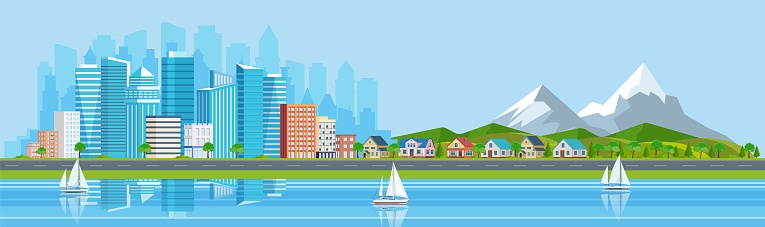 Landscape with buildings, mountains, river and hills. city concept and suburban life. City street, skyscrapers and suburb with private houses and car Vector illustration in flat style