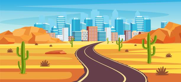 Road in desert Empty highway road in desert leading to a big city. Sandy desert landscape with road, rocks and cactuses. highway in Arizona or Mexico hot sand. Vector illustration in flat style arizona illustrations stock illustrations