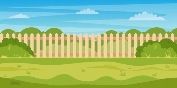 木製のフェンス付き庭の裏庭 - picket fence fence picket front or back yard点のイラスト素材／クリップアート素材／マンガ素材／アイコン素材