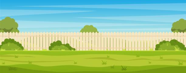 Garden backyard with wooden fence Garden backyard with wooden fence hedge, green trees and bushes, grass , park plants. Spring or summer landscape. Patio area for BBQ summer parties. Vector illustration in flat style backyard background stock illustrations