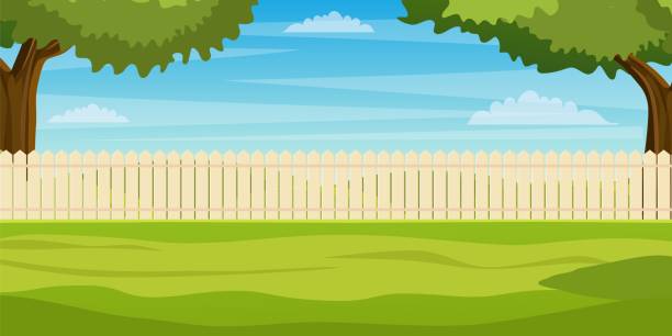 Garden backyard with wooden fence Garden backyard with wooden fence hedge, green trees and bushes, grass , park plants. Spring or summer landscape. Patio area for BBQ summer parties. Vector illustration in flat style backyard background stock illustrations