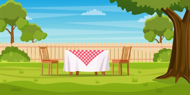 House backyard with green grass lawn House backyard with green grass lawn, trees and bushes. Cartoon table and chairs garden modern furniture. Outdoor area for BBQ summer parties. Patio area. Vector illustration in flat style backyard background stock illustrations