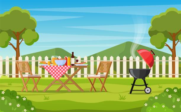 Barbecue party in the backyard with fence bbq party in the backyard with fence, trees, bushes. picnic with barbecue on summer lawn in park or garden food on table, chairs. vector illustration in flat design backyard background stock illustrations