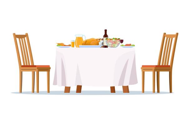 Table laid, festive dinner food dishes, Table laid, festive dinner food dishes, drinks and chairs. Family dining room and restaurant laid table with party celebration lunch, breakfast or brunch meals. vector illustration in flat design banquet chairs stock illustrations