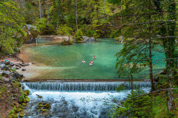 Small group of people standing in a cold river