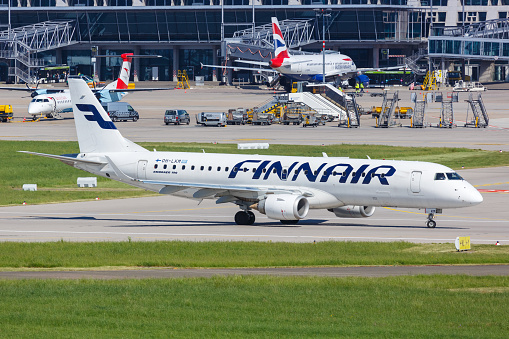 Stuttgart, Germany - May 8, 2018: Finnair Embraer 190 airplane at Stuttgart Airport (STR) in Germany.