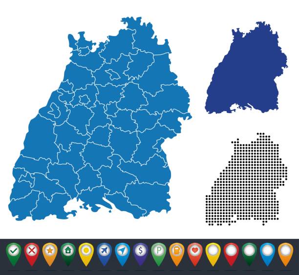 illustrazioni stock, clip art, cartoni animati e icone di tendenza di impostare mappe dello stato del baden-württemberg - map germany topographic map vector