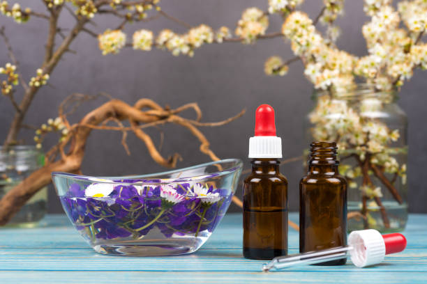 attrezzature di medicina alternativa - bach flower remedy, omeopatia, oli essenziali di viola - herbal medicine alternative medicine homeopathic medicine laboratory foto e immagini stock