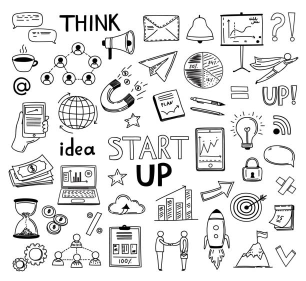 Doodle business collection. Sketch marketing icons, hand drawn startup idea symbols. Isolated creative charts, money market exact vector set Doodle business collection. Sketch marketing icons, hand drawn startup idea symbols. Isolated charts, money market exact vector set. Illustration doodle sketch hand-drawn, marketing infographic doodle stock illustrations