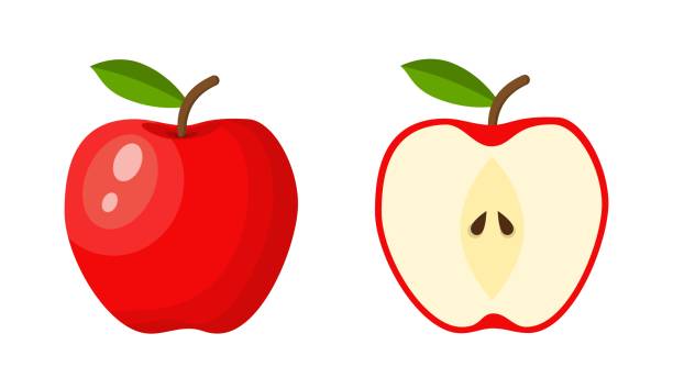 red apple food icon. red apple food icon. Green apple fruit whole and half. Summer fruits for healthy lifestyle. Vector illustration in flat style apple stock illustrations