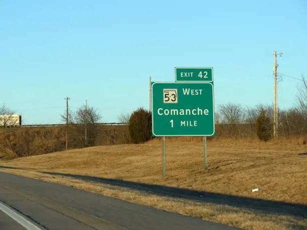 Roadside sign along Interstate Highway 35 with distance to Comanche, Oklahoma City.