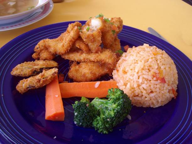 istock Breaded fried chicken slices with a serving of rice, carrots and broccoli. 1316757150