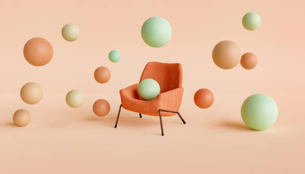 abstract scene of a velvet chair with gradient colored spheres floating