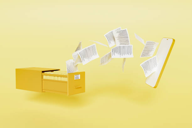 file cabinet with papers flying to a mobile phone mockup. digital storage concept. obsolescence of physical documents