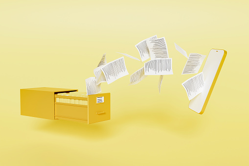 file cabinet full of folders with papers flying to a modern mobile phone mockup. digital storage concept. obsolescence of physical documents . 3d render