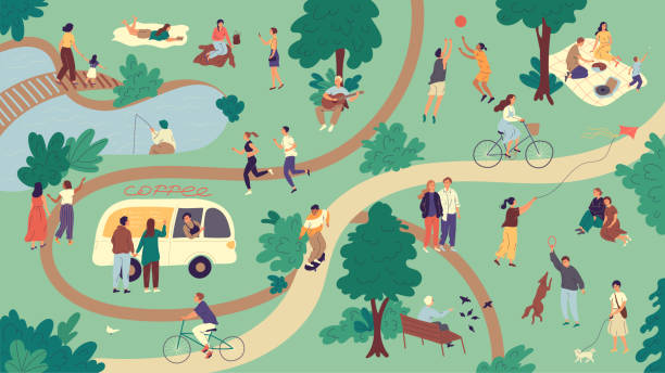 People spend their free time in a summer park on a weekend day People spend their free time in a summer park on a weekend day. play day stock illustrations
