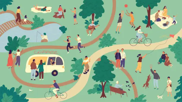 Vector illustration of People spend their free time in a summer park on a weekend day