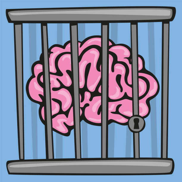 ilustraciones, imágenes clip art, dibujos animados e iconos de stock de un cerebro es encarcelado para simbolizar el conocimiento prohibido. - fish trap