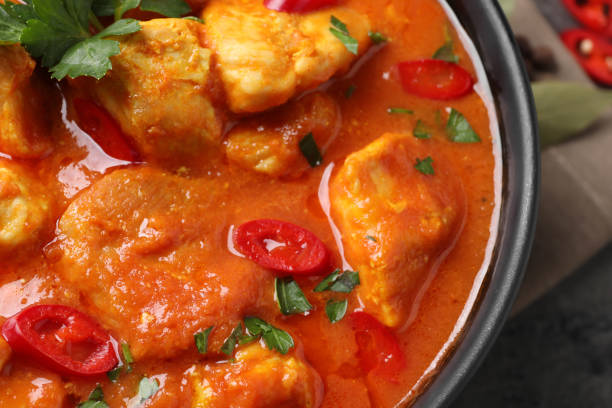 istock Bowl of delicious chicken curry on table, closeup 1316760189