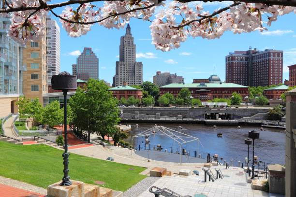 Providence Providence, Rhode Island. City skyline in New England region of the United States. Spring time cherry blossoms. providence rhode island photos stock pictures, royalty-free photos & images
